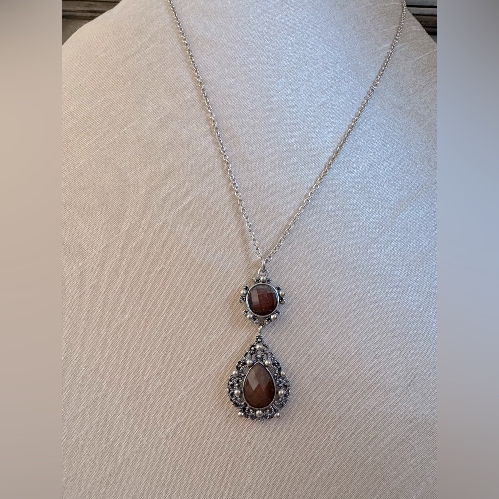 Vintage Silver Long Chain Pendant Necklace EUC Opera Gemstone Jewel Sautoir